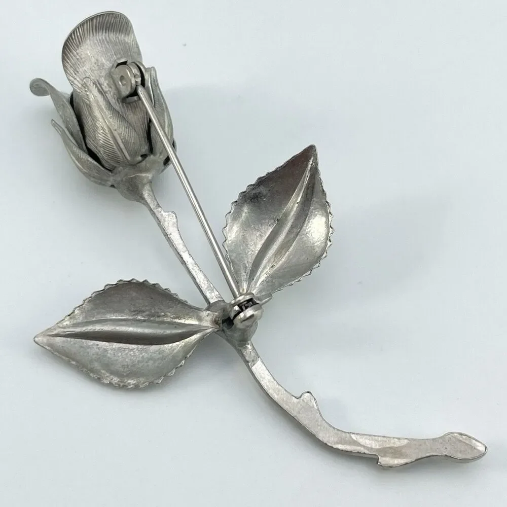 Vintage Silver Tone Budding Rose Brooch Flower Brushed Classic Signed 2.75